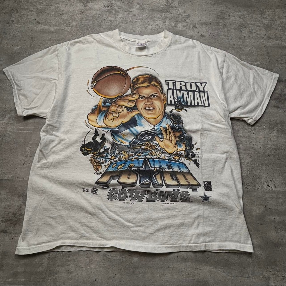 Delta Troy Aikman T-Shirt Mens XL White Vintage 1995 Cowboys Caricature Rare